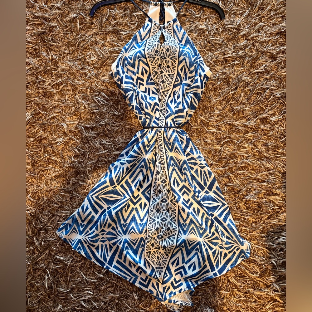 Blue and White High Neck Dress